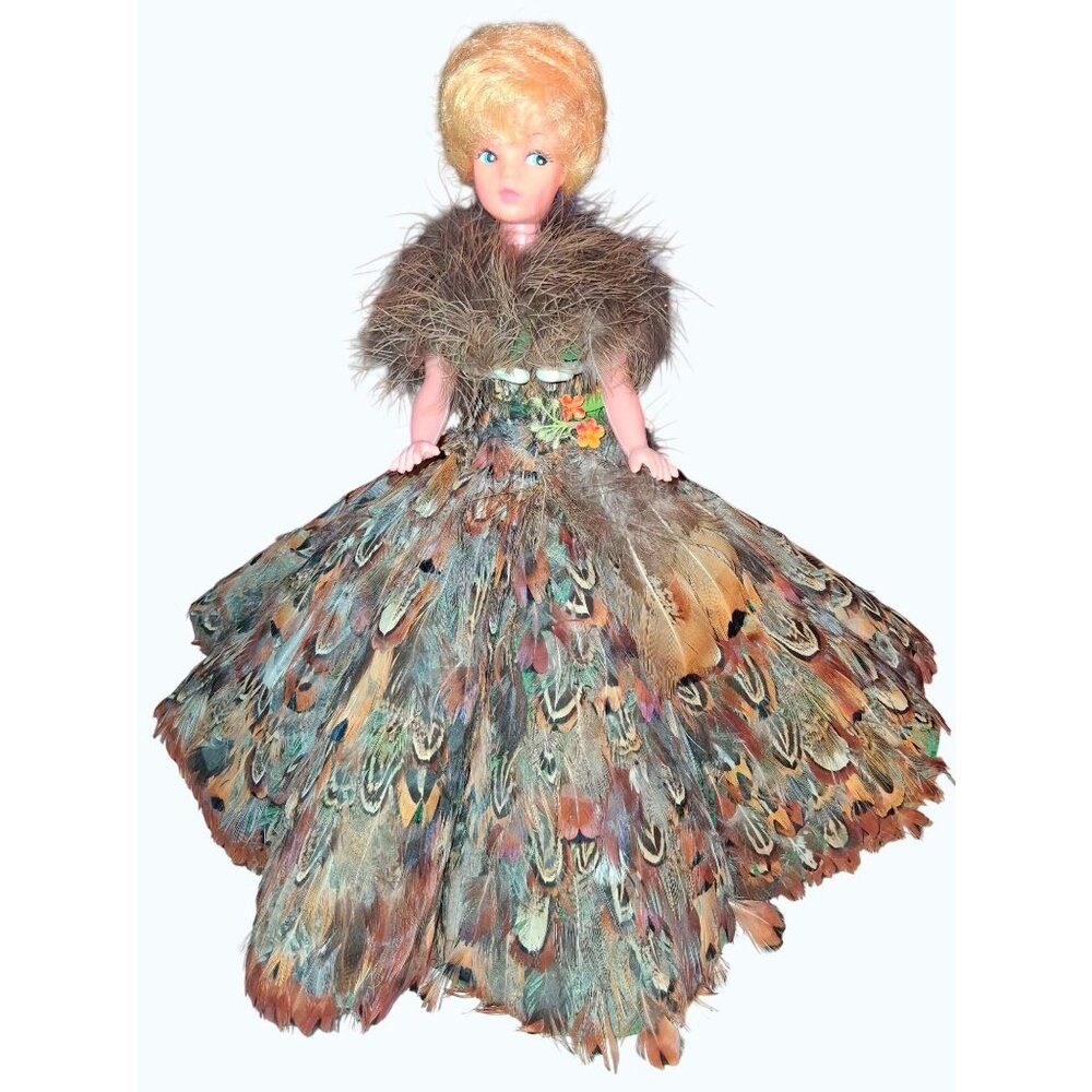 RARE 1/1  Vintage Feathered Doll Dress Collectible Handmade Unique Fashion